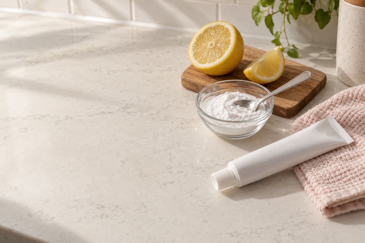 Half a lemon, a bowl of baking soda and a tube of toothpaste on a kitchen counter