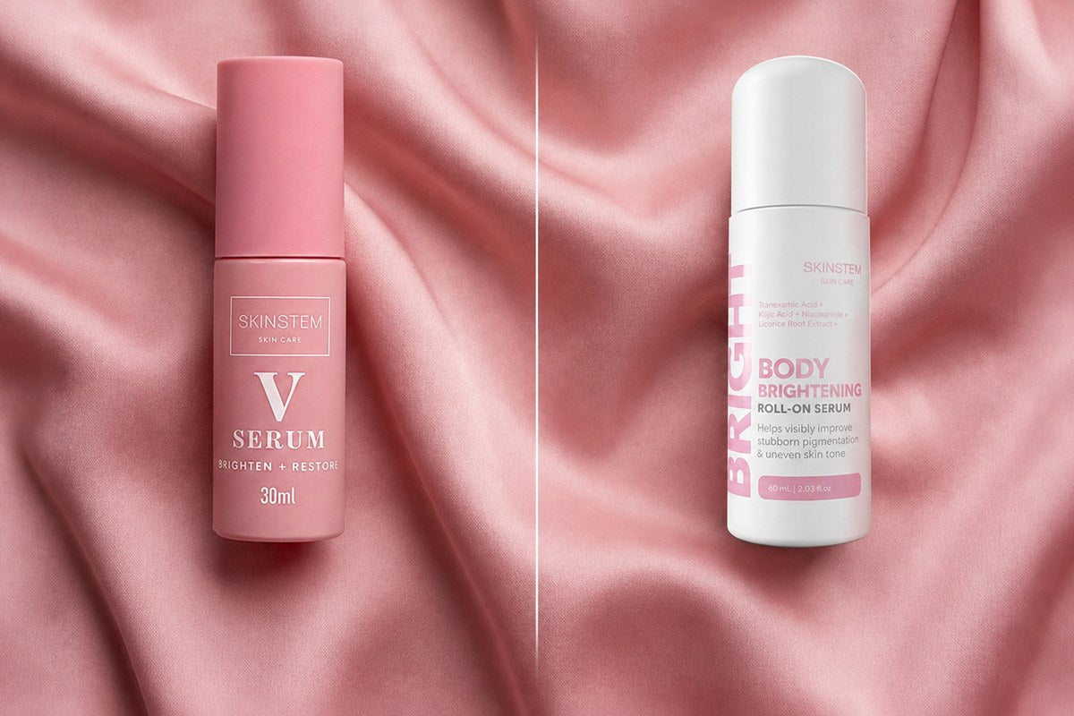 The Smooth and Brighten Body Serum on the left and the Body Brightening Roll-On Serum on the right