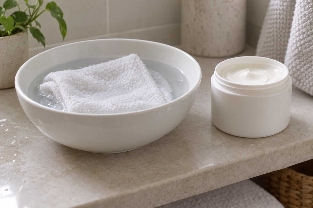 A folded white cloth in a bowl of cool water, next to a plain tub of moisturiser