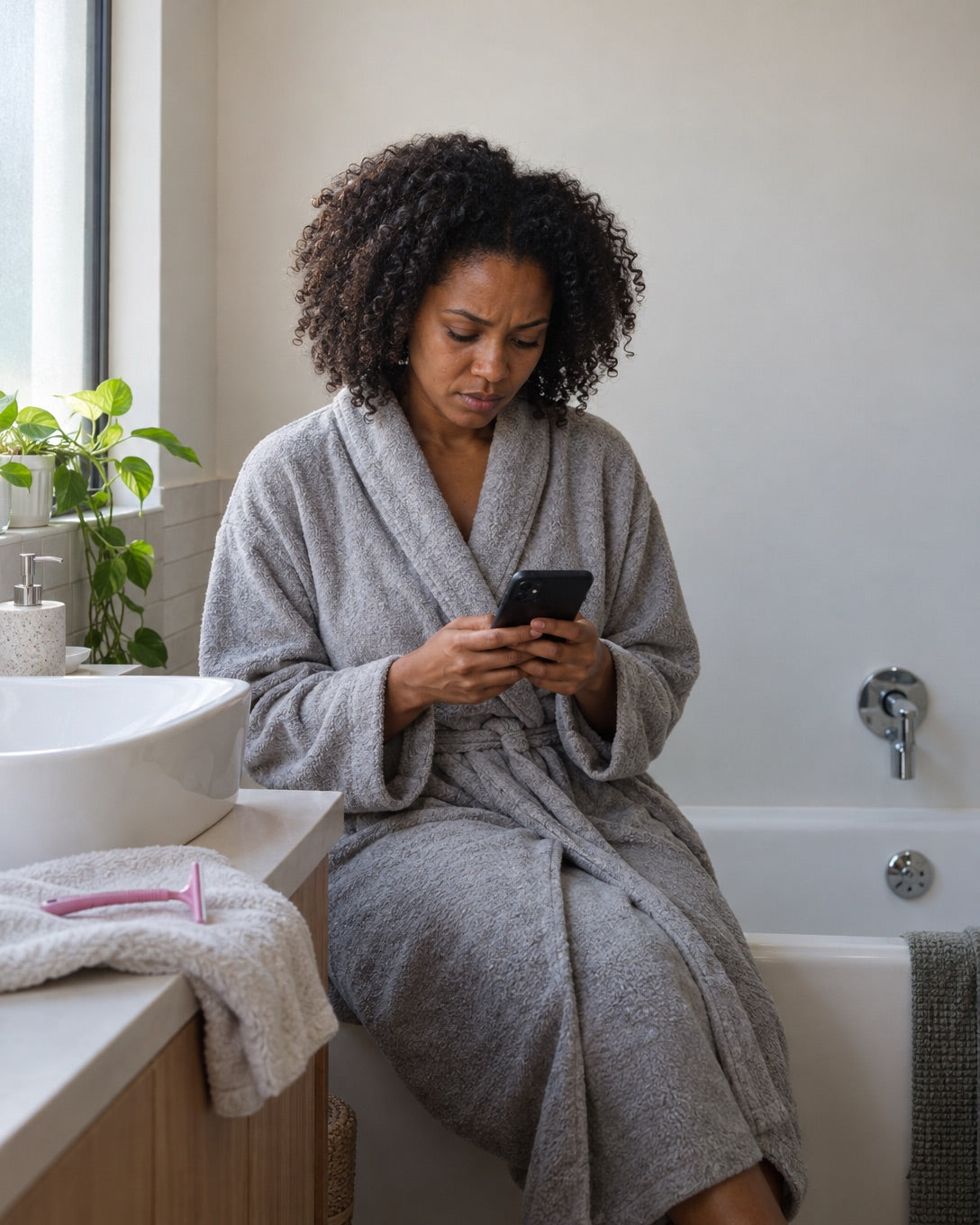 A woman in a grey bathrobe sitting on the edge of the bath, frowning at her phone, with a pink razor on the basin beside her