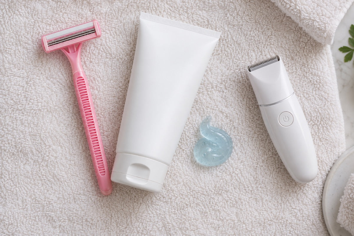 A pink razor, a tube of shaving gel and a small trimmer on a towel