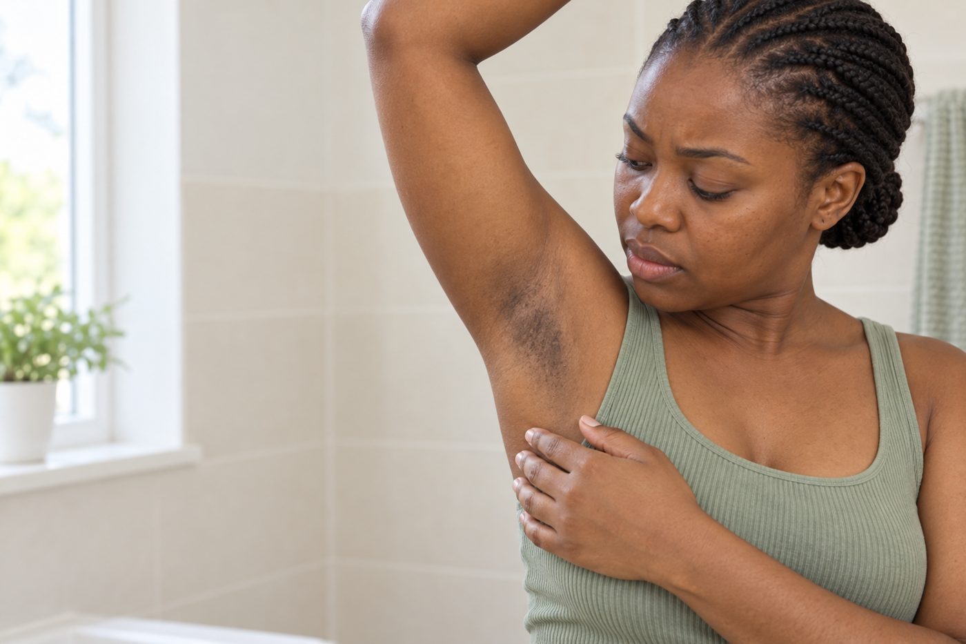 A woman lifting her arm to look at her underarm, which is darker than the skin of her arm