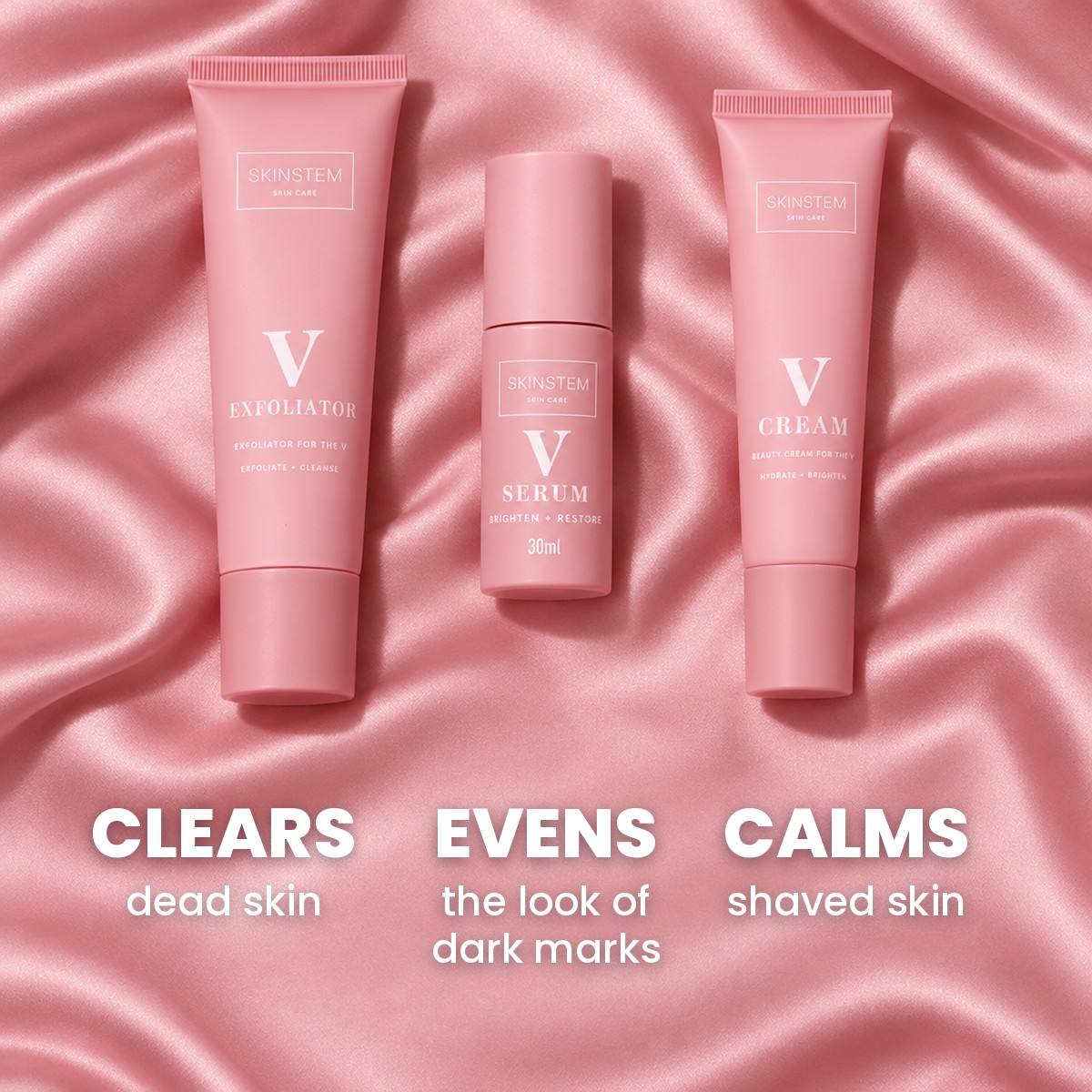 The scrub clears dead skin, the serum helps dark marks look more even, the cream calms shaved skin