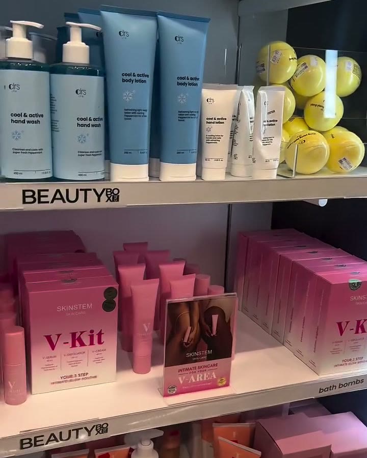 Skinstem kits on a Beauty Box shelf next to body care