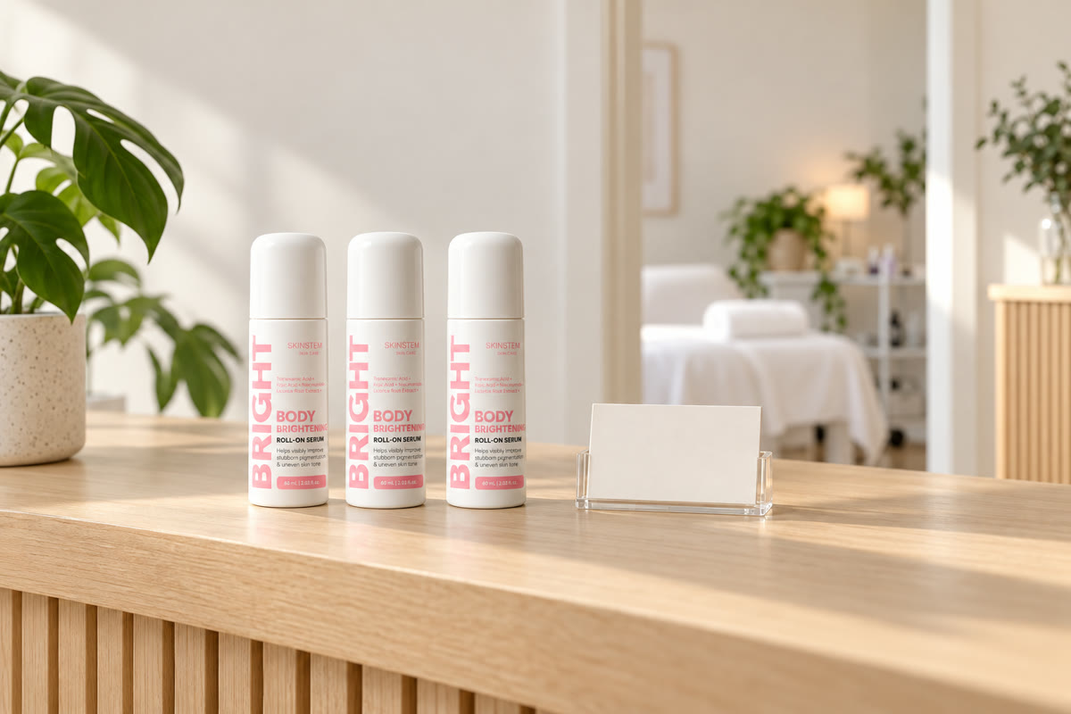 Skinstem roll-ons on a salon reception counter